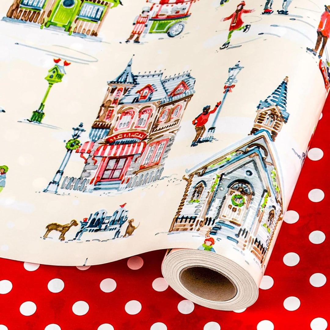 Papel Reversible de Pueblo Navideno y Polka Dots
