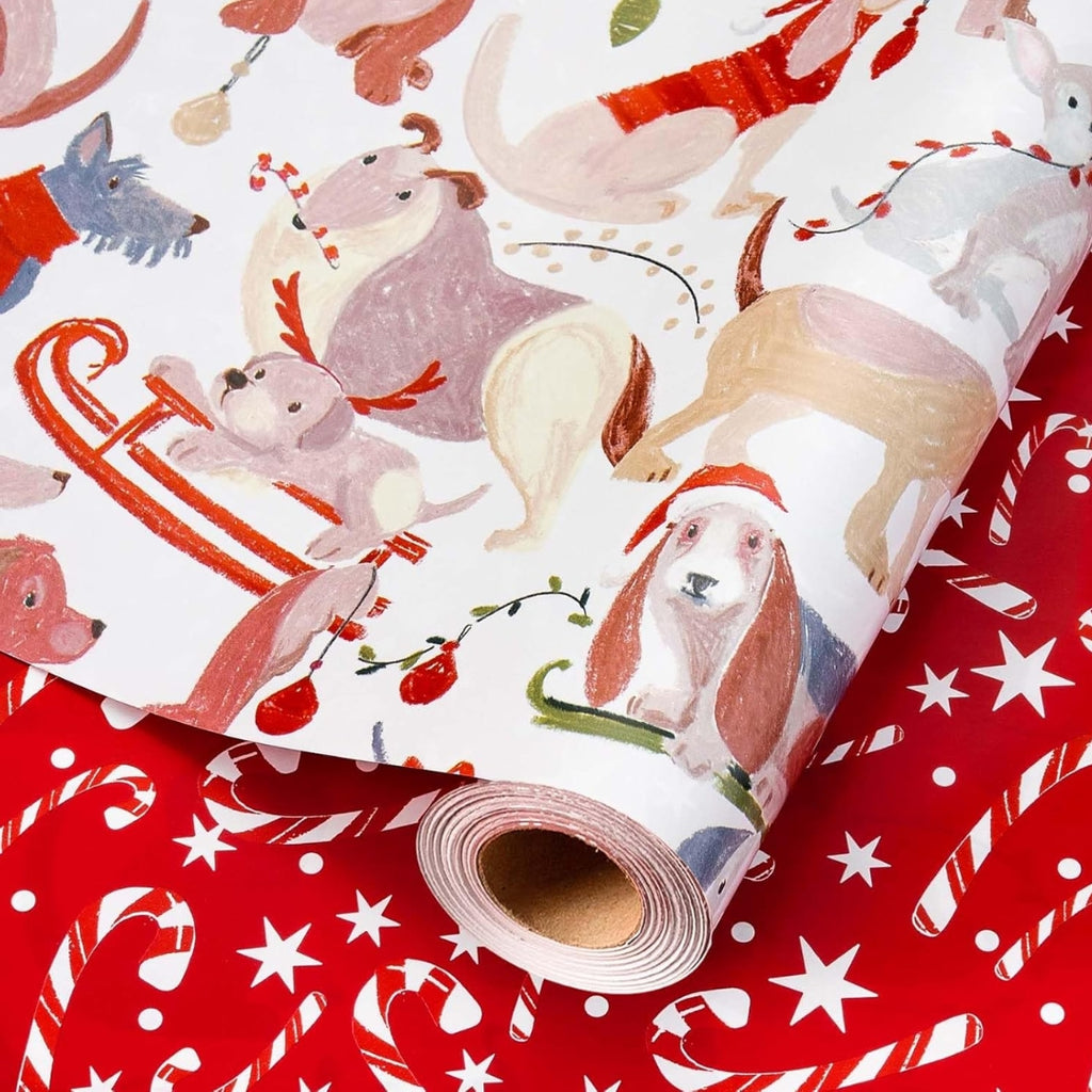 Papel Reversible de Perros en Trineo y Bastones de Navidad