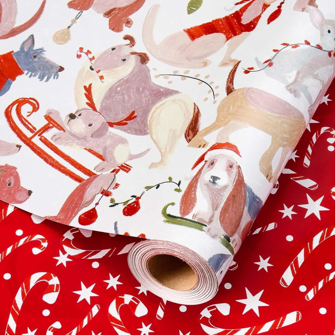 Papel Reversible de Perros en Trineo y Bastones de Navidad