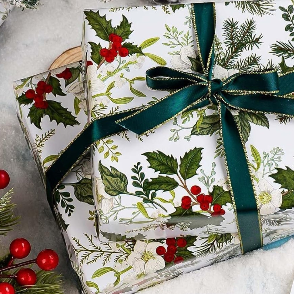 Papel Natural con Estampado de Flores de Navidad