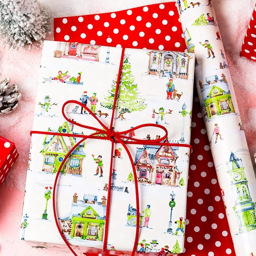 Papel Reversible de Pueblo Navideno y Polka Dots