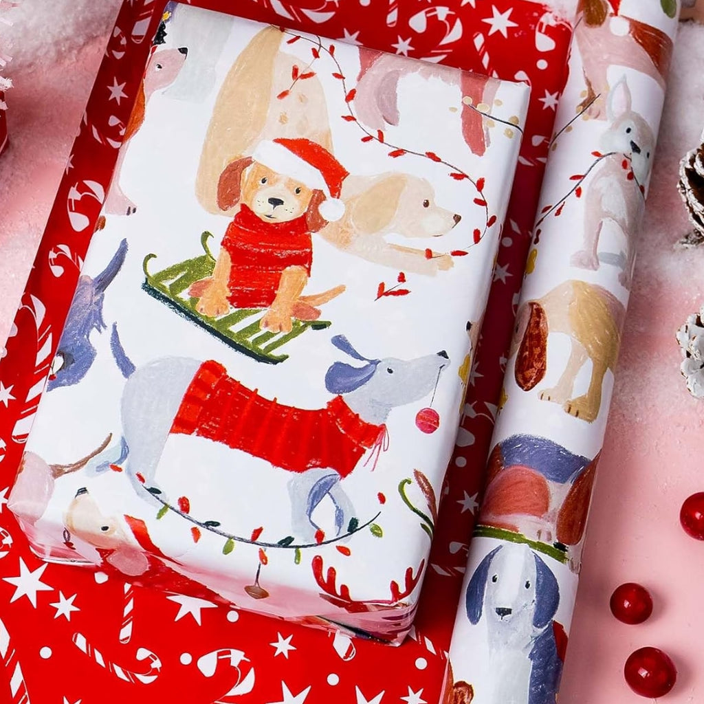 Papel Reversible de Perros en Trineo y Bastones de Navidad